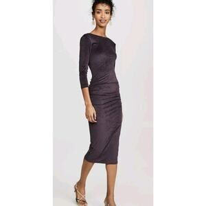 James Perse Women Purple Fitted Low Back Velvet Ruched 3/4 Sleeve Midi Dress S/M